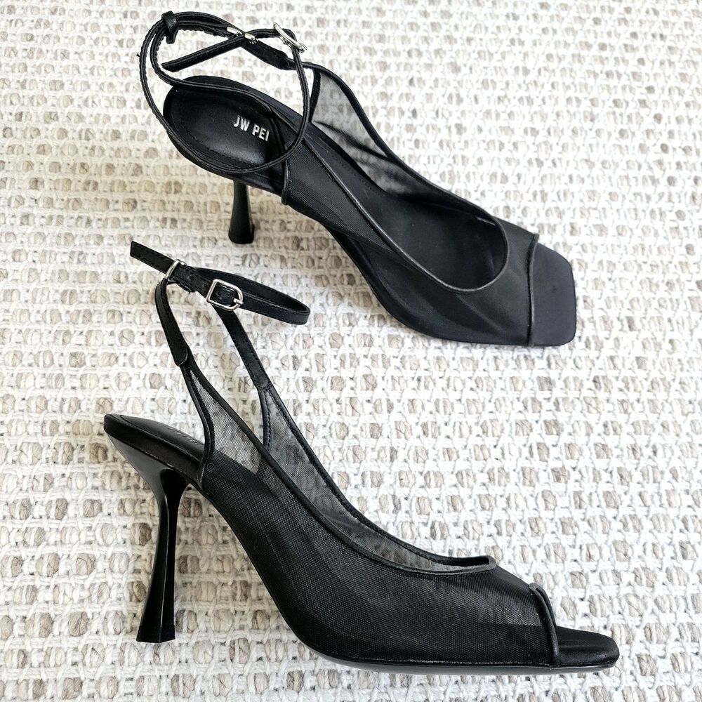 JW PEI Womens 8 Black Serenity Open Toe Mesh Slingback Heels Sandals Leather